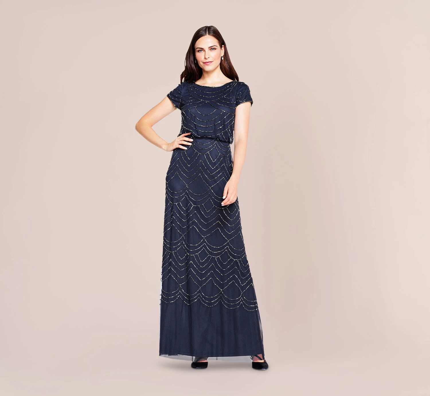 Adrianna Papell Short Sleeve Beaded Blouson Gown In Navy 1 Adrianna Papell Short Sleeve Beaded Blouson Gown In Navy