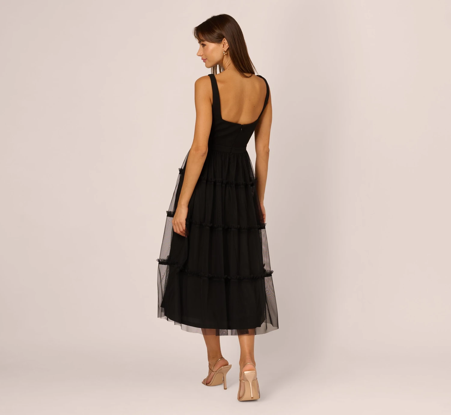 Sleeveless Midi Dress With Square Neck And Tiered Skirt In Black 4 Sleeveless Midi Dress With Square Neck And Tiered Skirt In Black - Image 4