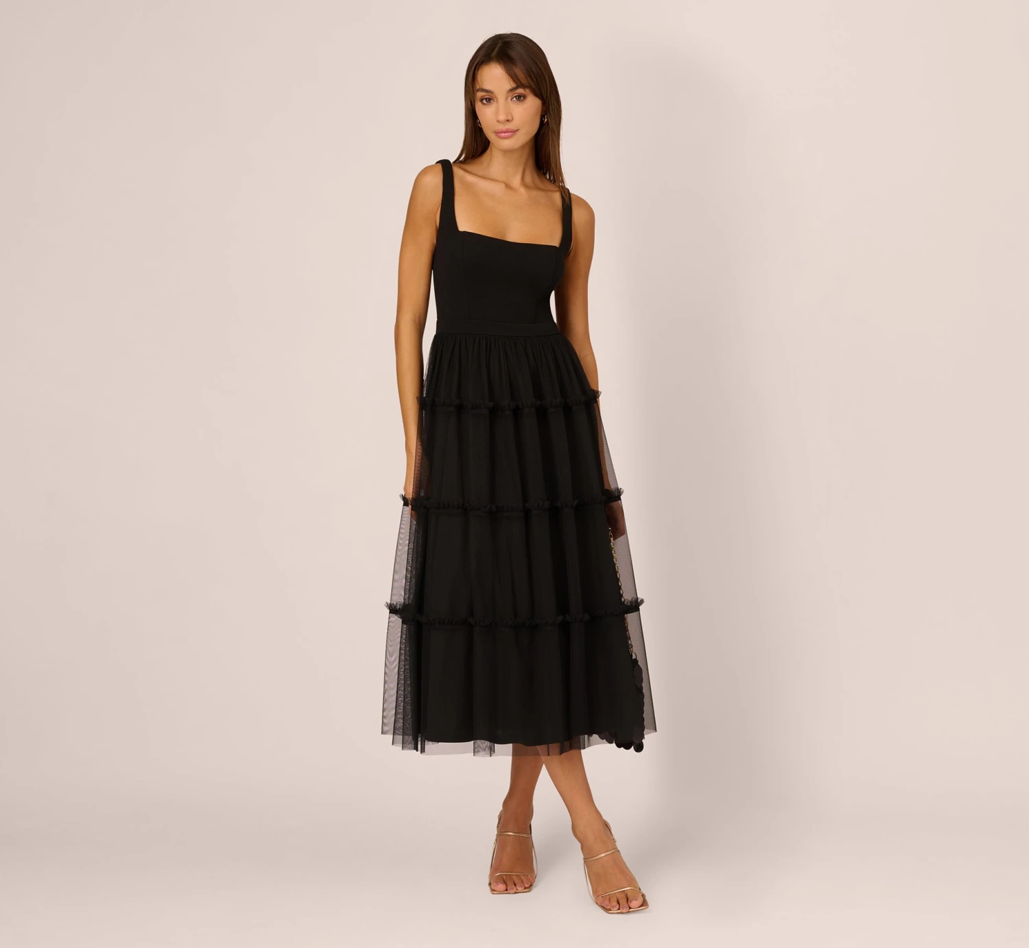 Sleeveless Midi Dress With Square Neck And Tiered Skirt In Black 1 Sleeveless Midi Dress With Square Neck And Tiered Skirt In Black