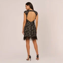 Cap Sleeve Lace Cocktail Dress With Feather Trim In Black Nude 10 Cap Sleeve Lace Cocktail Dress With Feather Trim In Black Nude -Glam Mirth Sales ADAE211264 AB263 Regular Back