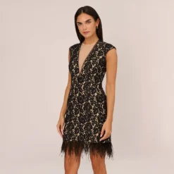 Cap Sleeve Lace Cocktail Dress With Feather Trim In Black Nude