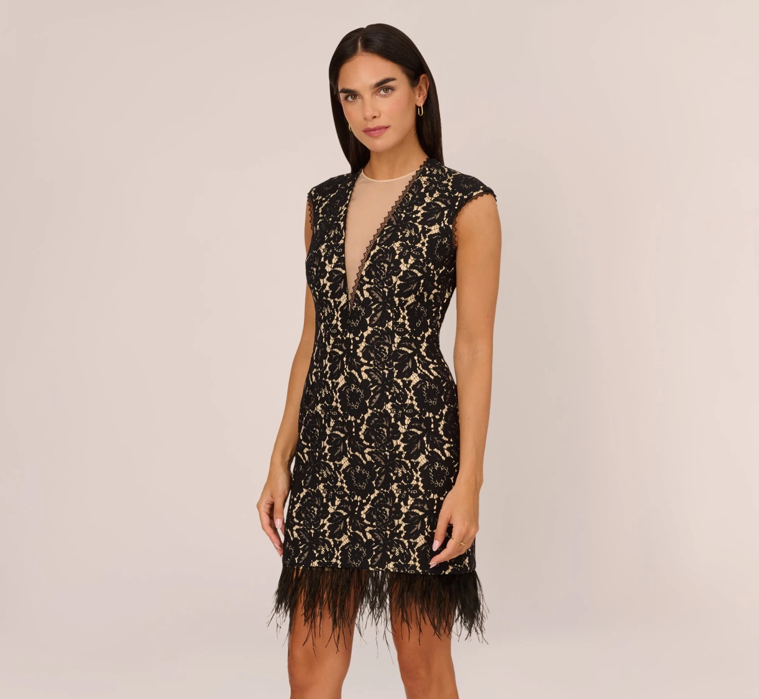 Cap Sleeve Lace Cocktail Dress With Feather Trim In Black Nude 1 Cap Sleeve Lace Cocktail Dress With Feather Trim In Black Nude
