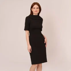 Adrianna Papell Short Sleeve Crepe Dress With Rolled Neck In Black
