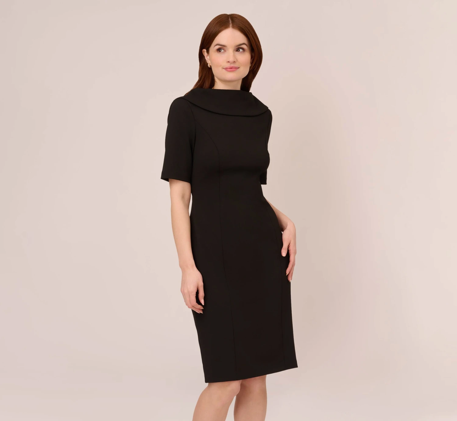 Adrianna Papell Short Sleeve Crepe Dress With Rolled Neck In Black 1 Adrianna Papell Short Sleeve Crepe Dress With Rolled Neck In Black