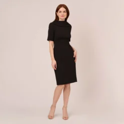 Adrianna Papell Short Sleeve Crepe Dress With Rolled Neck In Black 14 Adrianna Papell Short Sleeve Crepe Dress With Rolled Neck In Black -Glam Mirth Sales AP1D101960 AA002 Regular Front