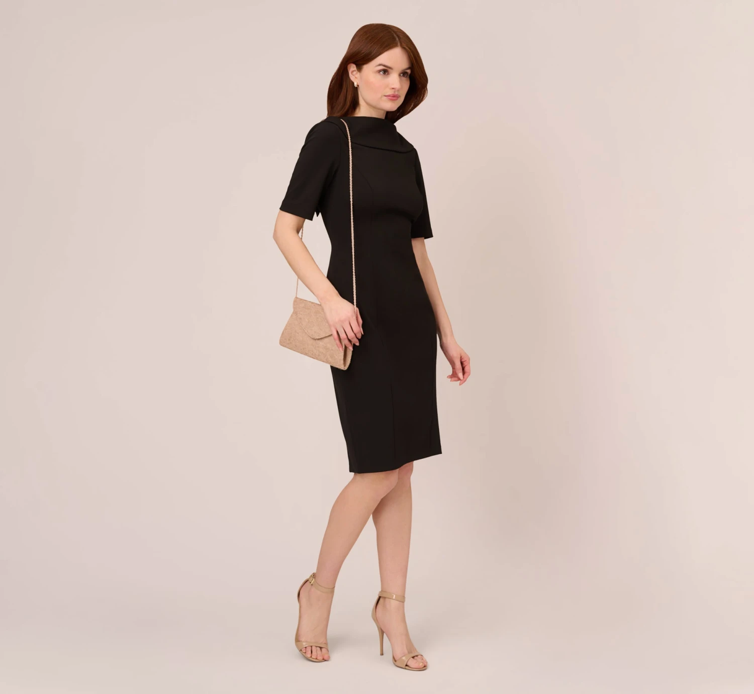 Adrianna Papell Short Sleeve Crepe Dress With Rolled Neck In Black 2 Adrianna Papell Short Sleeve Crepe Dress With Rolled Neck In Black - Image 2