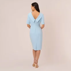 Adrianna Papell Short Sleeve Crepe Dress With Rolled Neck In Blue Mist 9 Adrianna Papell Short Sleeve Crepe Dress With Rolled Neck In Blue Mist -Glam Mirth Sales AP1D101960 AB484 Regular Back