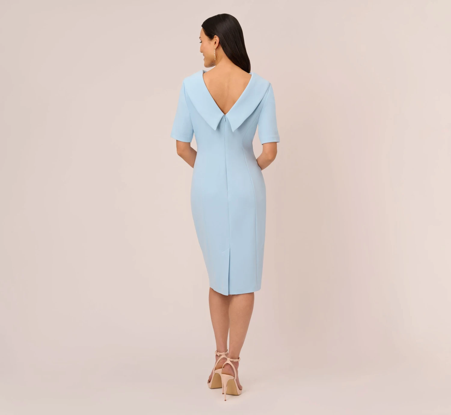 Adrianna Papell Short Sleeve Crepe Dress With Rolled Neck In Blue Mist 3 Adrianna Papell Short Sleeve Crepe Dress With Rolled Neck In Blue Mist - Image 3