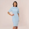 Adrianna Papell Short Sleeve Crepe Dress With Rolled Neck In Blue Mist