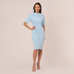 Adrianna Papell Short Sleeve Crepe Dress With Rolled Neck In Blue Mist 13 Adrianna Papell Short Sleeve Crepe Dress With Rolled Neck In Blue Mist -Glam Mirth Sales AP1D101960 AB484 Regular Front