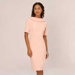 Adrianna Papell Short Sleeve Crepe Dress With Rolled Neck In Blush