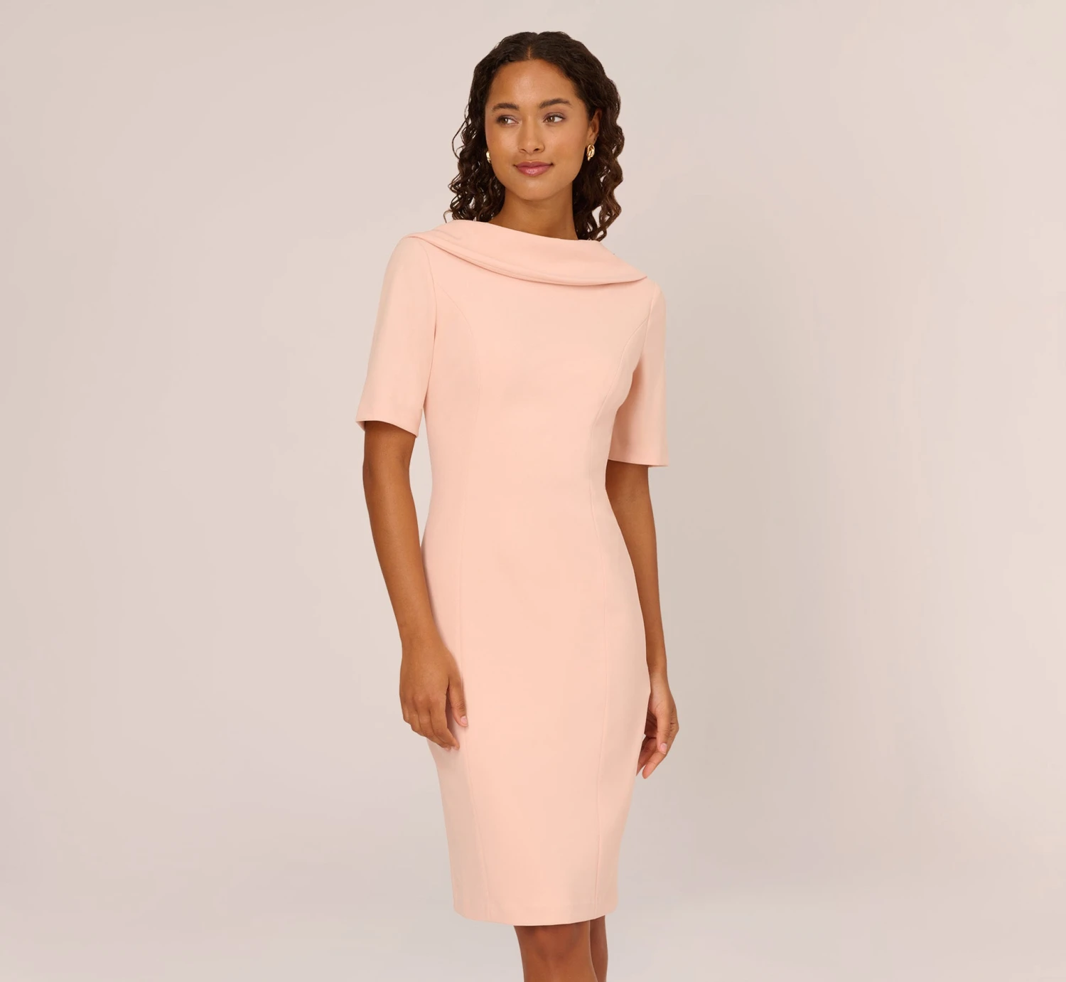 Adrianna Papell Short Sleeve Crepe Dress With Rolled Neck In Blush 1 Adrianna Papell Short Sleeve Crepe Dress With Rolled Neck In Blush