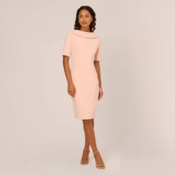 Adrianna Papell Short Sleeve Crepe Dress With Rolled Neck In Blush 13 Adrianna Papell Short Sleeve Crepe Dress With Rolled Neck In Blush -Glam Mirth Sales AP1D101960 AD684 Regular Front
