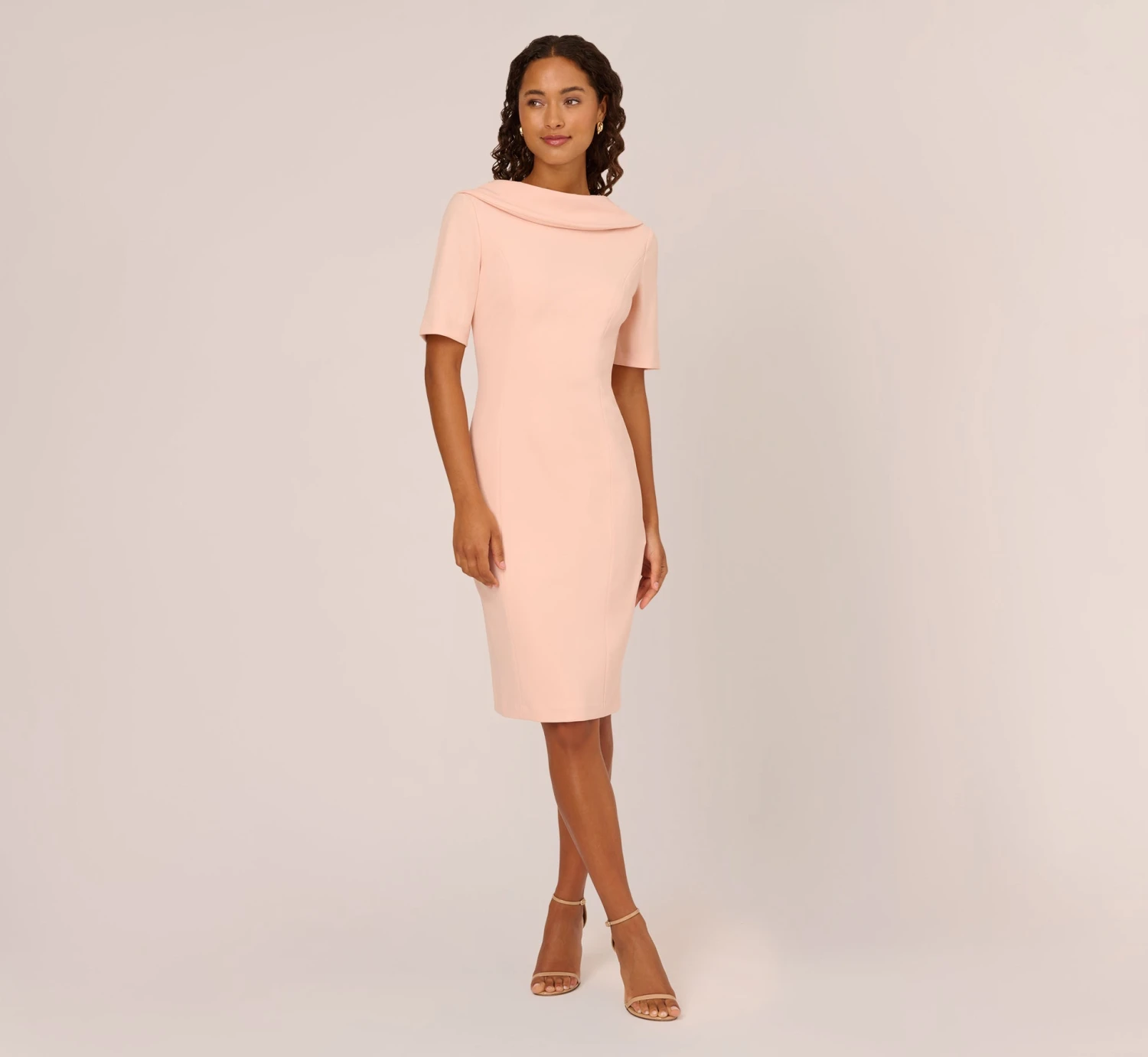 Adrianna Papell Short Sleeve Crepe Dress With Rolled Neck In Blush 7 Adrianna Papell Short Sleeve Crepe Dress With Rolled Neck In Blush - Image 7