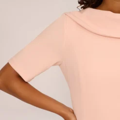 Adrianna Papell Short Sleeve Crepe Dress With Rolled Neck In Blush 12 Adrianna Papell Short Sleeve Crepe Dress With Rolled Neck In Blush -Glam Mirth Sales AP1D101960 AD684 Regular Lifestyle