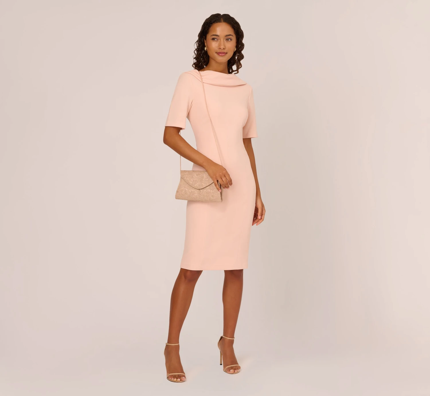 Adrianna Papell Short Sleeve Crepe Dress With Rolled Neck In Blush 2 Adrianna Papell Short Sleeve Crepe Dress With Rolled Neck In Blush - Image 2