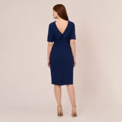 Adrianna Papell Short Sleeve Crepe Dress With Rolled Neck In Navy Sateen 10 Adrianna Papell Short Sleeve Crepe Dress With Rolled Neck In Navy Sateen -Glam Mirth Sales AP1D101960 AK412 Regular Back