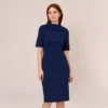 Adrianna Papell Short Sleeve Crepe Dress With Rolled Neck In Navy Sateen