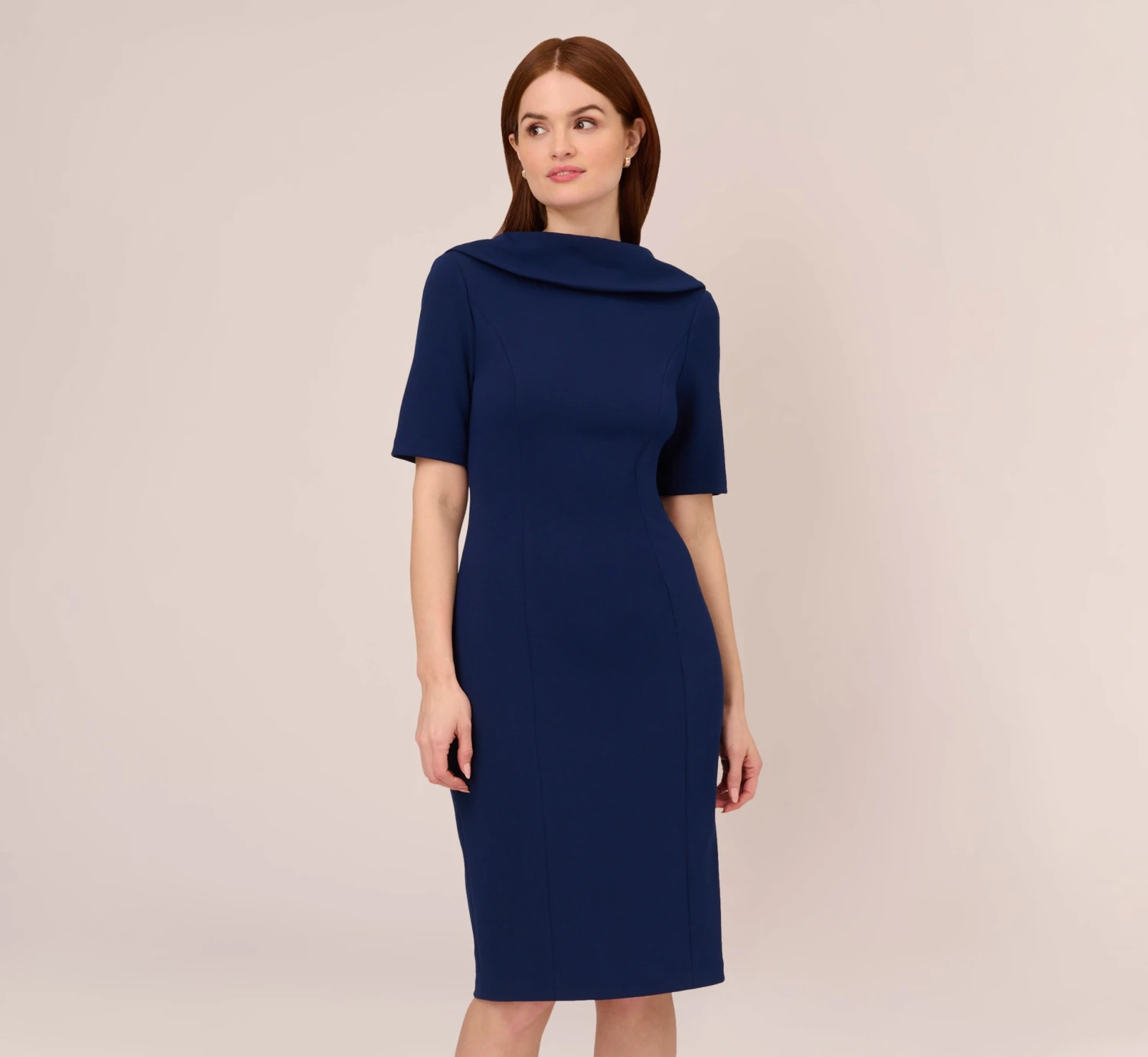 Adrianna Papell Short Sleeve Crepe Dress With Rolled Neck In Navy Sateen 1 Adrianna Papell Short Sleeve Crepe Dress With Rolled Neck In Navy Sateen