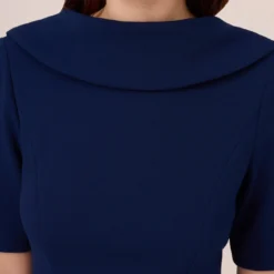 Adrianna Papell Short Sleeve Crepe Dress With Rolled Neck In Navy Sateen 11 Adrianna Papell Short Sleeve Crepe Dress With Rolled Neck In Navy Sateen -Glam Mirth Sales AP1D101960 AK412 Regular Detail