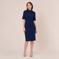 Adrianna Papell Short Sleeve Crepe Dress With Rolled Neck In Navy Sateen 13 Adrianna Papell Short Sleeve Crepe Dress With Rolled Neck In Navy Sateen -Glam Mirth Sales AP1D101960 AK412 Regular Front