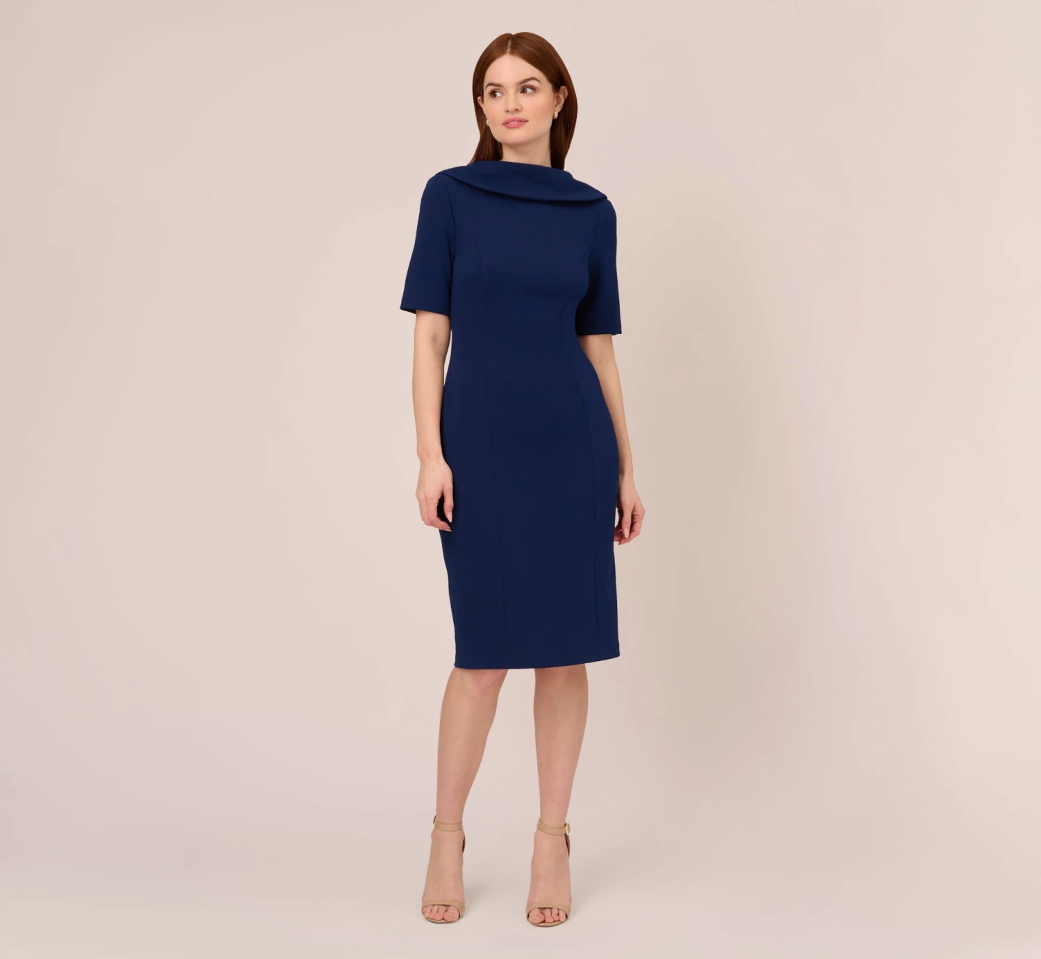 Adrianna Papell Short Sleeve Crepe Dress With Rolled Neck In Navy Sateen 7 Adrianna Papell Short Sleeve Crepe Dress With Rolled Neck In Navy Sateen - Image 7