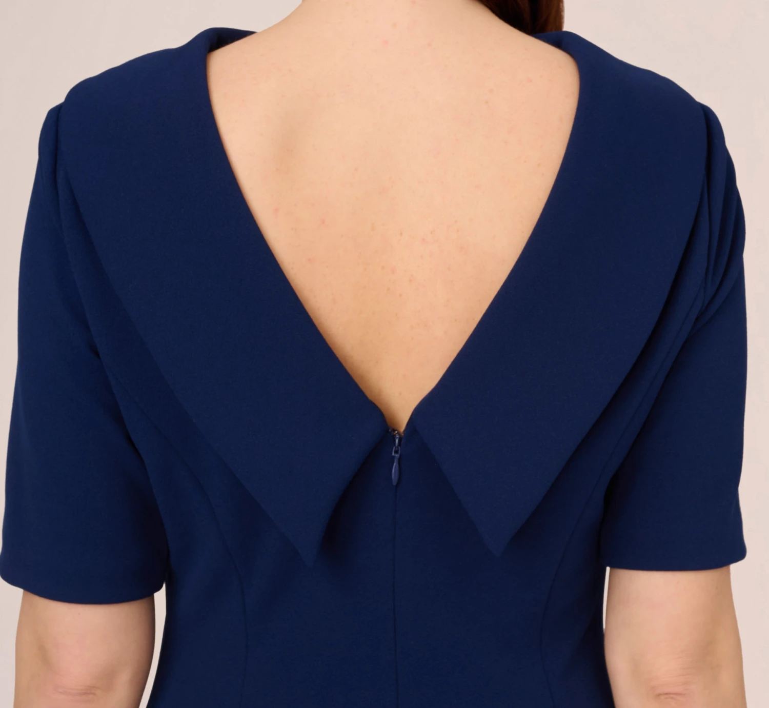 Adrianna Papell Short Sleeve Crepe Dress With Rolled Neck In Navy Sateen 3 Adrianna Papell Short Sleeve Crepe Dress With Rolled Neck In Navy Sateen - Image 3