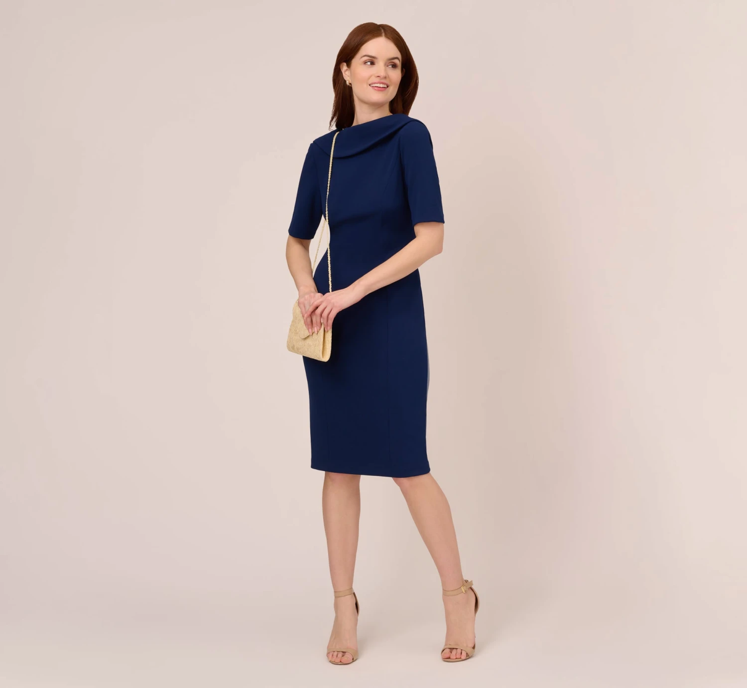 Adrianna Papell Short Sleeve Crepe Dress With Rolled Neck In Navy Sateen 2 Adrianna Papell Short Sleeve Crepe Dress With Rolled Neck In Navy Sateen - Image 2