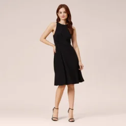 Adrianna Papell Matte Stretch Jersey Fit And Flare Short Halter Dress In Black -Glam Mirth Sales AP1D102352 AA002 Regular Front