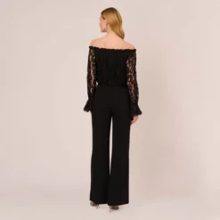 Adrianna Papell Black Off The Shoulder Crepe Jumpsuit With Lace Bodice In Black 9 Adrianna Papell Black Off The Shoulder Crepe Jumpsuit With Lace Bodice In Black -Glam Mirth Sales AP1D102882 AA002 Regular Back