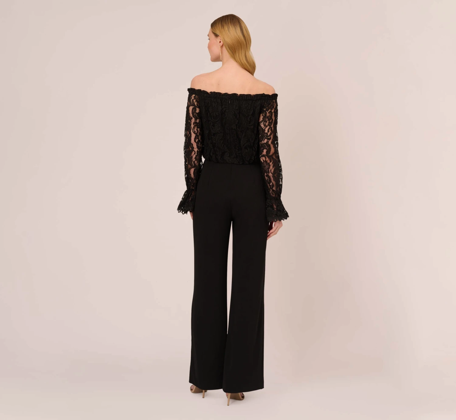 Adrianna Papell Black Off The Shoulder Crepe Jumpsuit With Lace Bodice In Black 4 Adrianna Papell Black Off The Shoulder Crepe Jumpsuit With Lace Bodice In Black - Image 4
