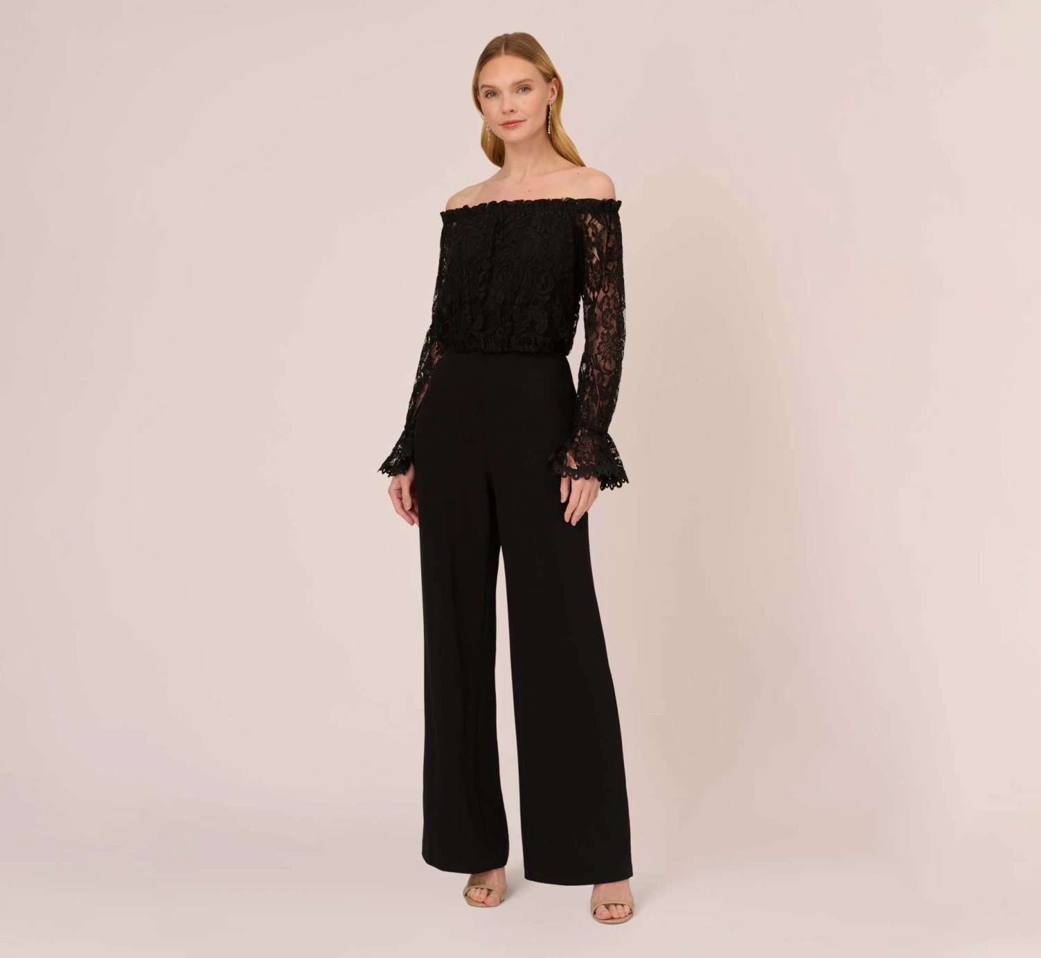 Adrianna Papell Black Off The Shoulder Crepe Jumpsuit With Lace Bodice In Black 1 Adrianna Papell Black Off The Shoulder Crepe Jumpsuit With Lace Bodice In Black
