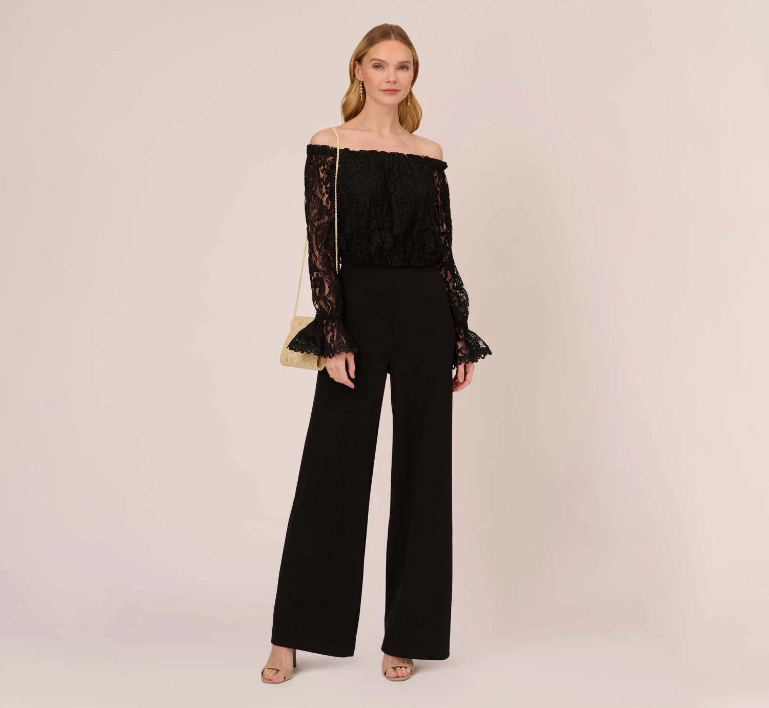 Adrianna Papell Black Off The Shoulder Crepe Jumpsuit With Lace Bodice In Black 2 Adrianna Papell Black Off The Shoulder Crepe Jumpsuit With Lace Bodice In Black - Image 2