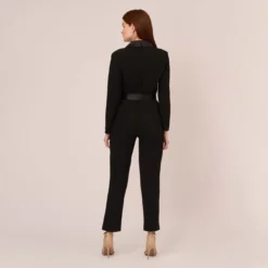 Adrianna Papell Long Sleeve Crepe Jumpsuit With Tuxedo Collar In Black 9 Adrianna Papell Long Sleeve Crepe Jumpsuit With Tuxedo Collar In Black -Glam Mirth Sales AP1D102894 AA002 Regular Back