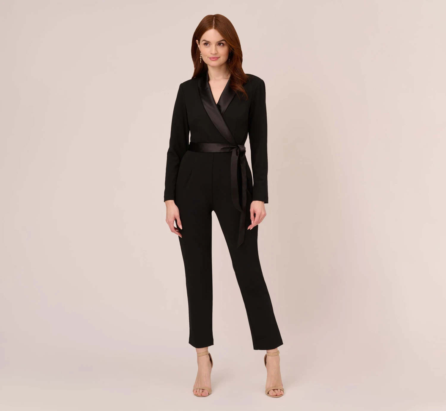 Adrianna Papell Long Sleeve Crepe Jumpsuit With Tuxedo Collar In Black 1 Adrianna Papell Long Sleeve Crepe Jumpsuit With Tuxedo Collar In Black