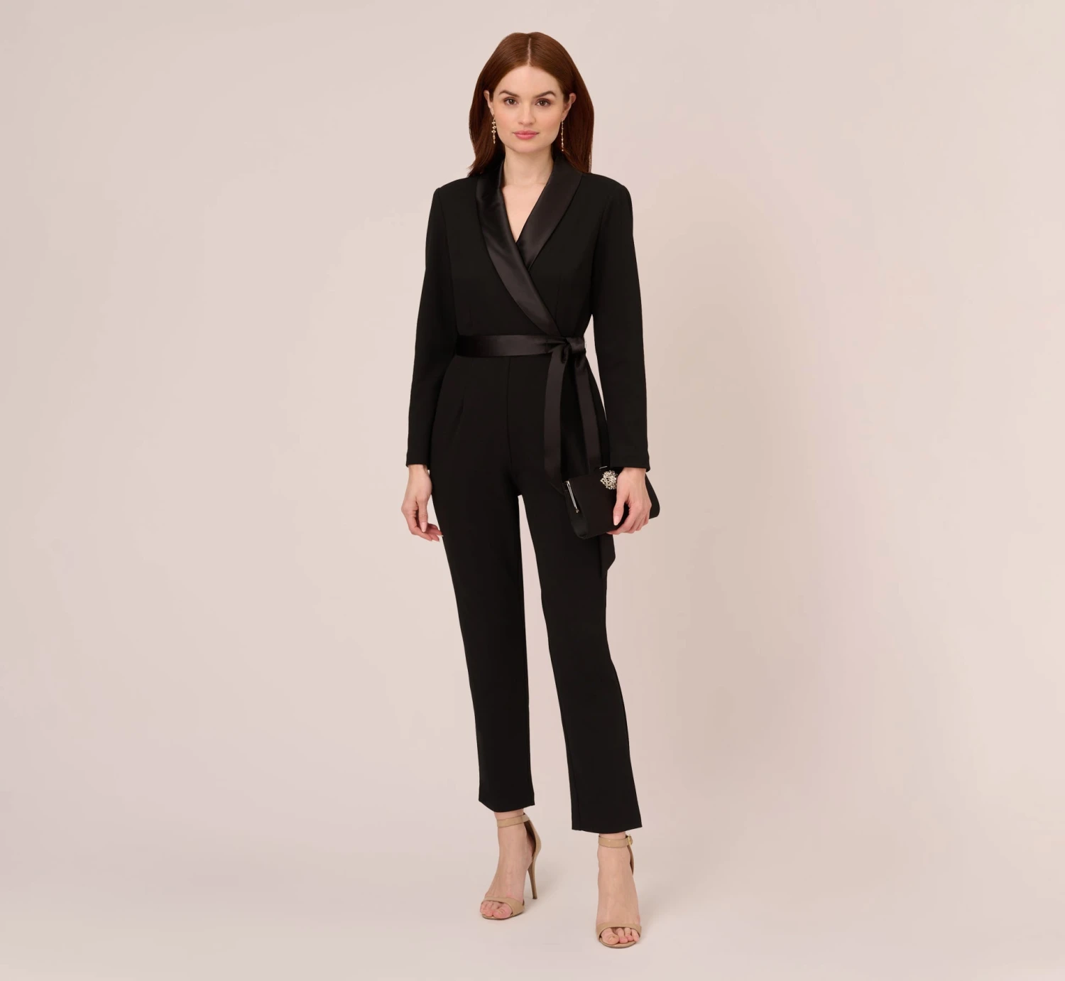 Adrianna Papell Long Sleeve Crepe Jumpsuit With Tuxedo Collar In Black 2 Adrianna Papell Long Sleeve Crepe Jumpsuit With Tuxedo Collar In Black - Image 2