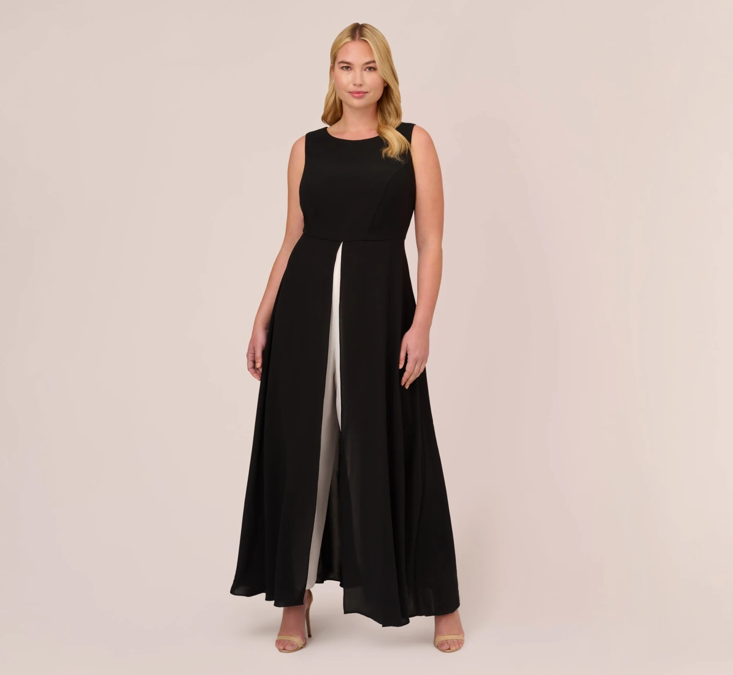 Adrianna Papell Plus Size Colorblock Jumpsuit With Skirt Overlay In Black Ivory 1 Adrianna Papell Plus Size Colorblock Jumpsuit With Skirt Overlay In Black Ivory