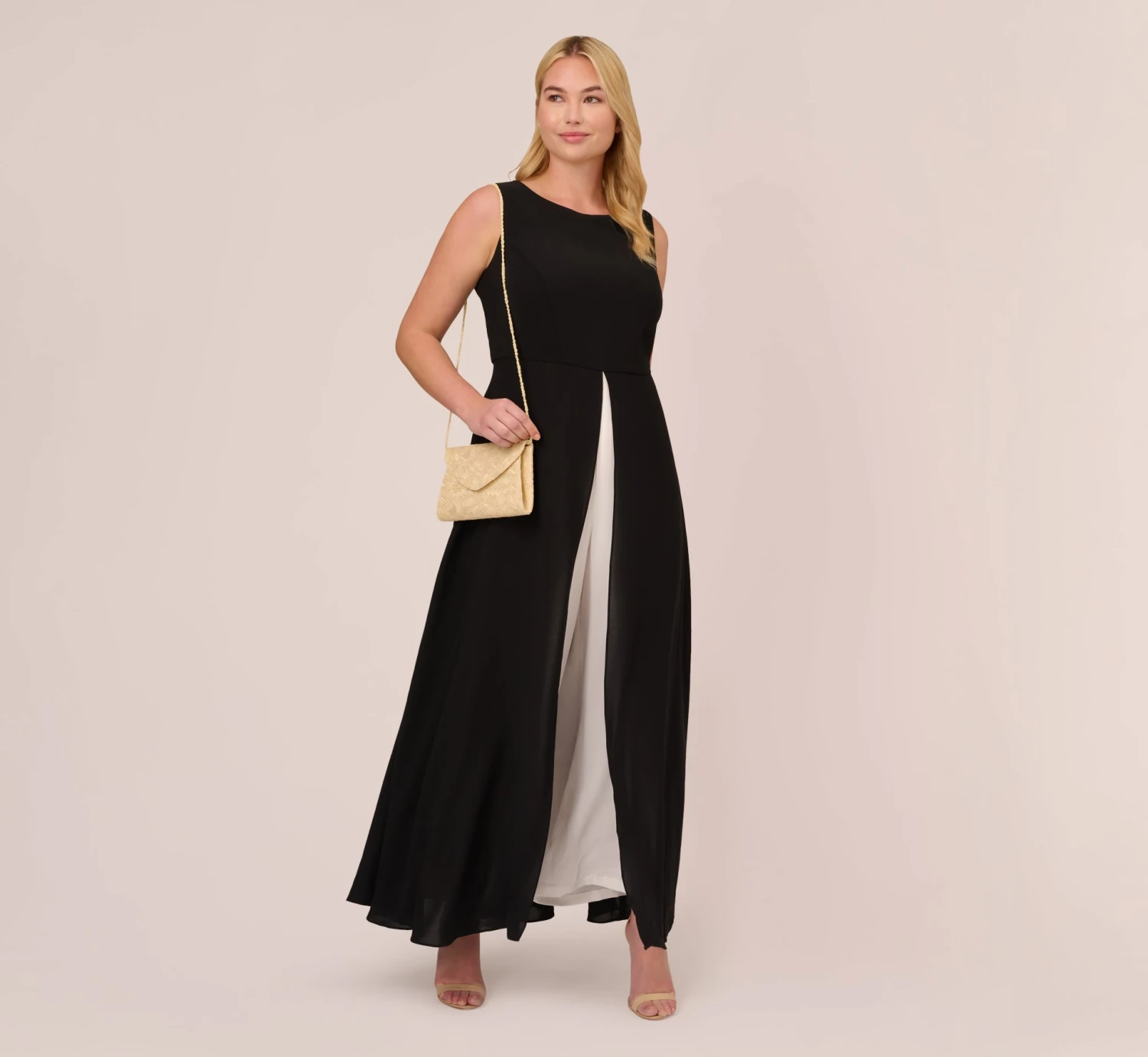 Adrianna Papell Plus Size Colorblock Jumpsuit With Skirt Overlay In Black Ivory 2 Adrianna Papell Plus Size Colorblock Jumpsuit With Skirt Overlay In Black Ivory - Image 2