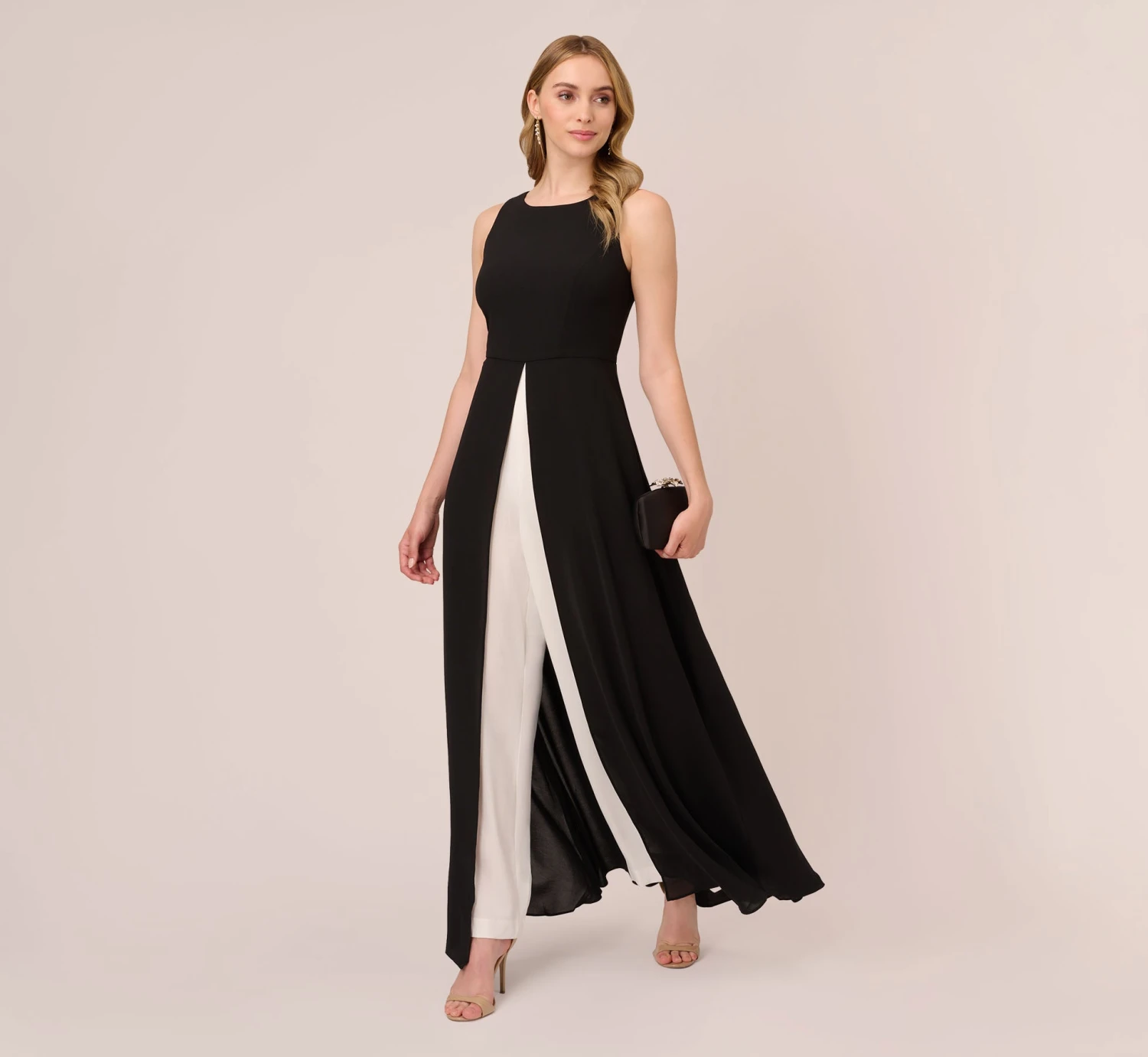 Adrianna Papell Colorblock Jumpsuit With Skirt Overlay In Black Ivory 2 Adrianna Papell Colorblock Jumpsuit With Skirt Overlay In Black Ivory - Image 2