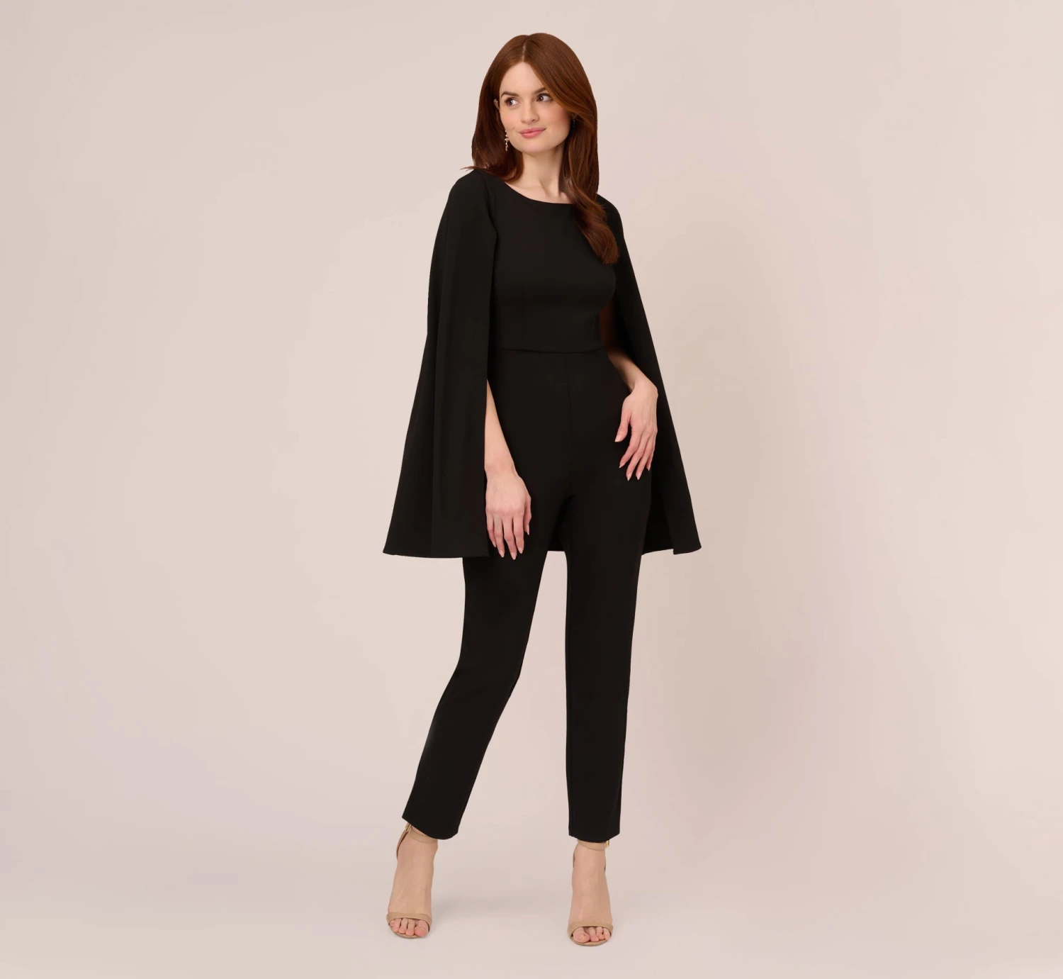 Adrianna Papell Crepe Jumpsuit With Cape In Black 1 Adrianna Papell Crepe Jumpsuit With Cape In Black