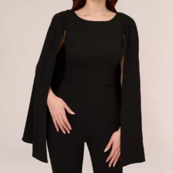 Adrianna Papell Crepe Jumpsuit With Cape In Black 10 Adrianna Papell Crepe Jumpsuit With Cape In Black -Glam Mirth Sales AP1D102917 AA002 Regular Detail