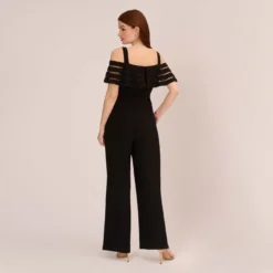 Adrianna Papell Jersey Banded Ruffled Jumpsuit With Cold Shoulder In Black 9 Adrianna Papell Jersey Banded Ruffled Jumpsuit With Cold Shoulder In Black -Glam Mirth Sales AP1D102998 AA002 Regular Back