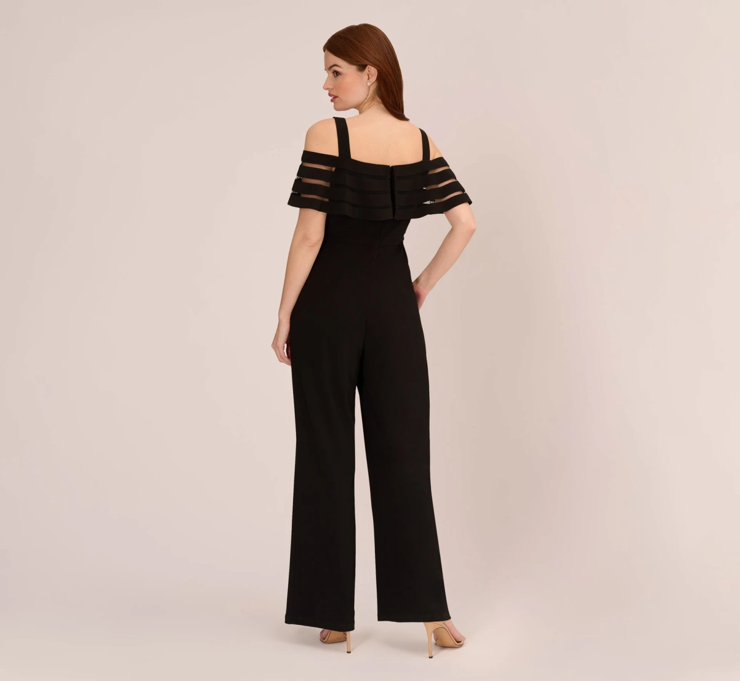 Adrianna Papell Jersey Banded Ruffled Jumpsuit With Cold Shoulder In Black 4 Adrianna Papell Jersey Banded Ruffled Jumpsuit With Cold Shoulder In Black - Image 4