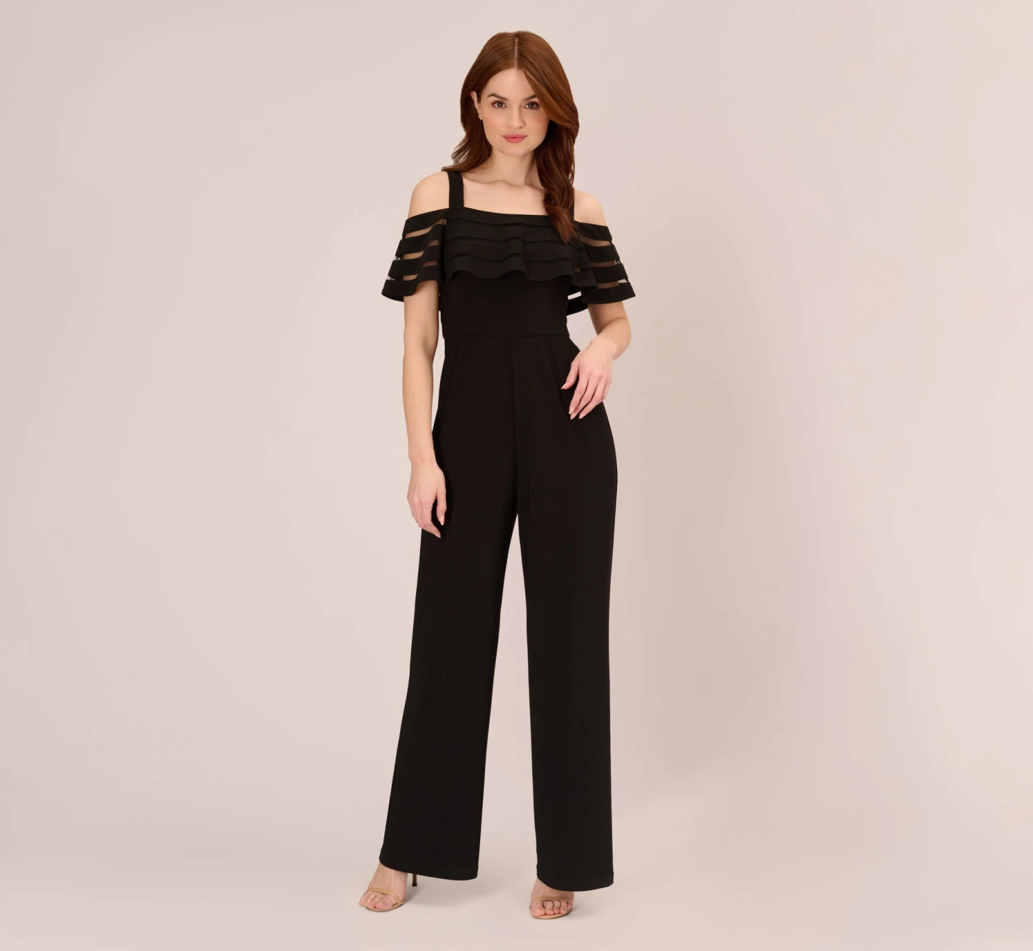 Adrianna Papell Jersey Banded Ruffled Jumpsuit With Cold Shoulder In Black 1 Adrianna Papell Jersey Banded Ruffled Jumpsuit With Cold Shoulder In Black