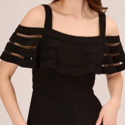 Adrianna Papell Jersey Banded Ruffled Jumpsuit With Cold Shoulder In Black 10 Adrianna Papell Jersey Banded Ruffled Jumpsuit With Cold Shoulder In Black -Glam Mirth Sales AP1D102998 AA002 Regular Lifestyle