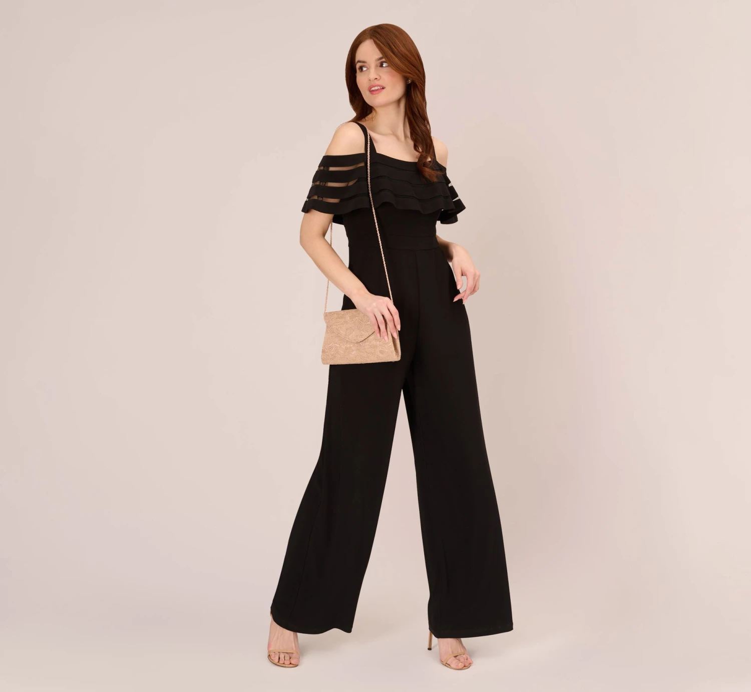 Adrianna Papell Jersey Banded Ruffled Jumpsuit With Cold Shoulder In Black 2 Adrianna Papell Jersey Banded Ruffled Jumpsuit With Cold Shoulder In Black - Image 2