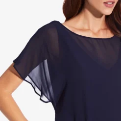 Adrianna Papell Flutter Sleeve Chiffon Dress With High Low Hemline In Navy -Glam Mirth Sales AP1D103031 AA412 Regular Detail