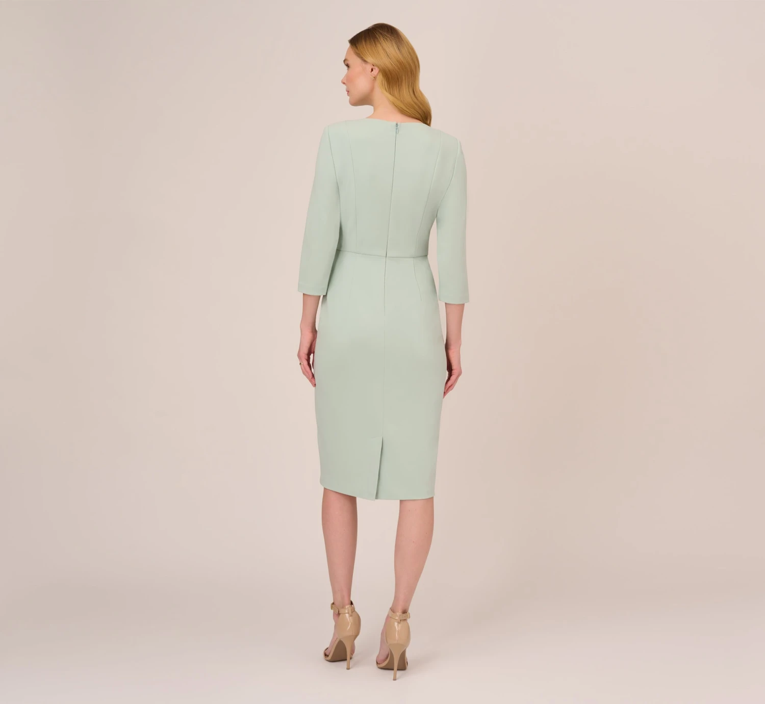 Adrianna Papell Knit Crepe Bow Sheath Dress With Three Quarter Sleeves In Icy Sage 2 Adrianna Papell Knit Crepe Bow Sheath Dress With Three Quarter Sleeves In Icy Sage - Image 2
