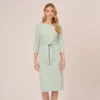 Adrianna Papell Knit Crepe Bow Sheath Dress With Three Quarter Sleeves In Icy Sage