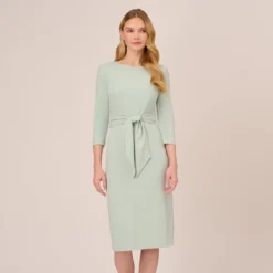 Adrianna Papell Knit Crepe Bow Sheath Dress With Three Quarter Sleeves In Icy Sage